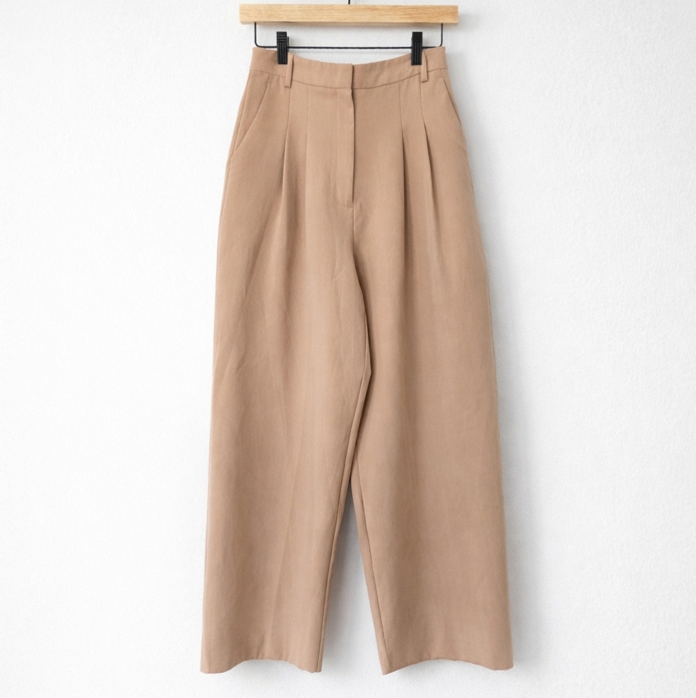 Miss Selfridge Petite Beige High Waist Wide Leg Pleated Trousers US6
